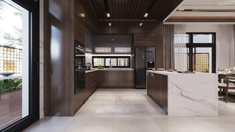 Thiết kế thêm một quầy bar nhỏ cho gia đình không chỉ tối ưu hóa cho không gian lưu trữ và còn tạo điểm nhấn cho căn phòng