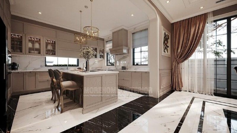 Mẫu tủ đảo bếp có màu nâu nhạt kết hợp cùng đá ốp lát tạo ra một cảnh quan thanh lịch và sang trọng trong biệt thự cao cấp ở Hải Phòng. Gỗ tự nhiên gam đem lại vẻ đẹp nhẹ nhàng và tinh tế.